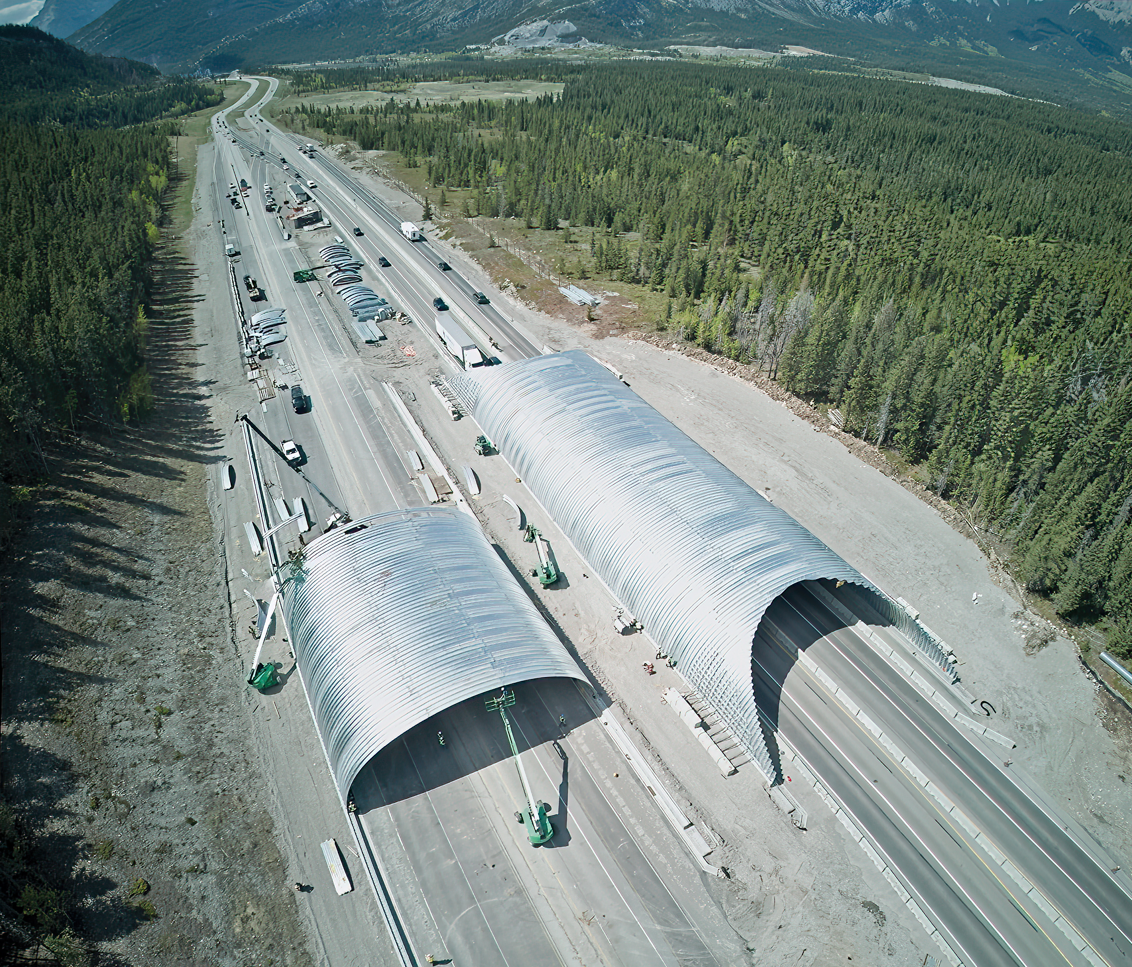 High aerial view of Ultra-Cor structural steel plate wildlife overpass construction